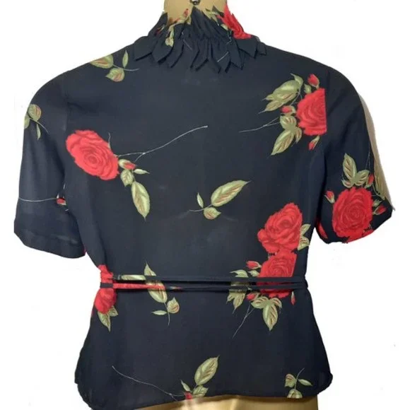 Size 12 Quite Sheer Unusual Collar Rose Print Chiffon Wrap Top - Picture 6 of 9
